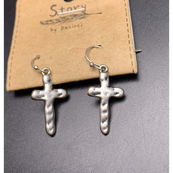 Hammered Cross Earrings Silver Tone Drop Dangle Hook Story by Davinci Pierced - Picture 6 of 6
